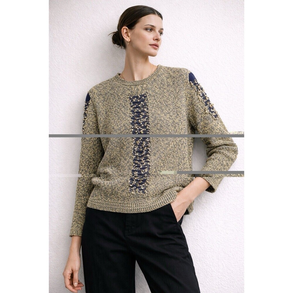 Jamie Sadock Vintage Open Knit Pullover Sweater Gold Navy Ladder Stitch Size S